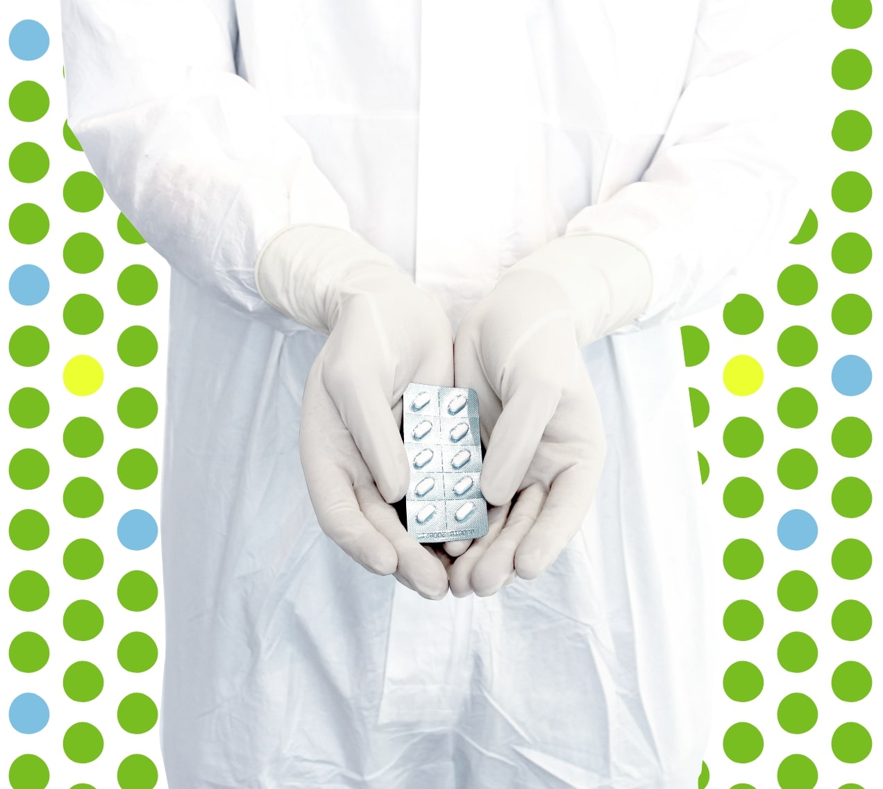 Cleanroom Gloves holding medication on a decorative background