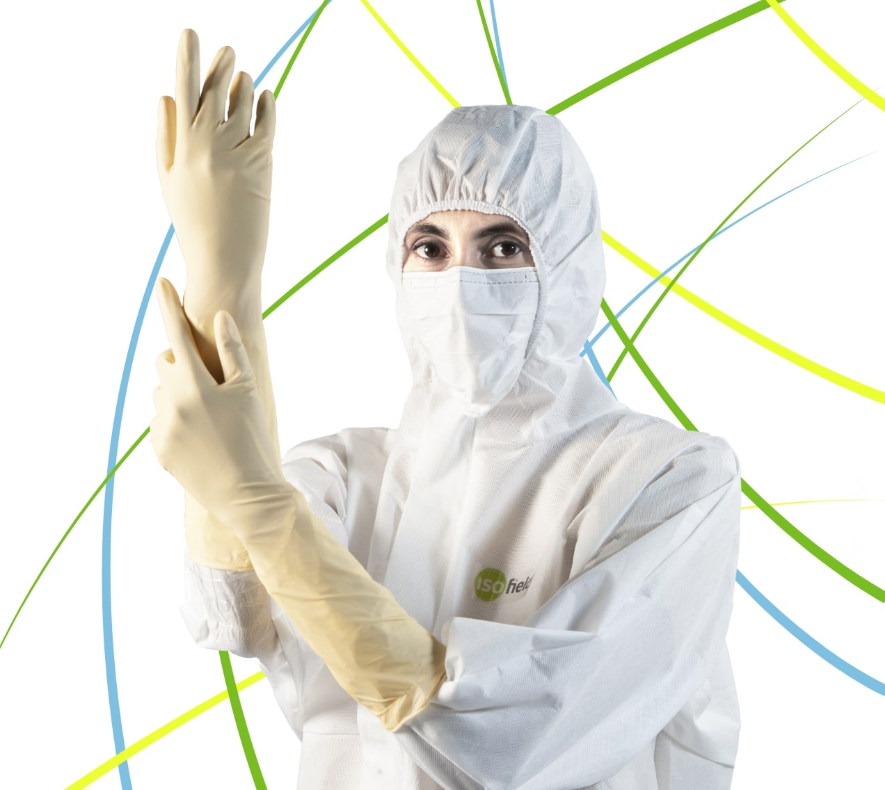 Cleanroom Gloves on a person against a decorative background