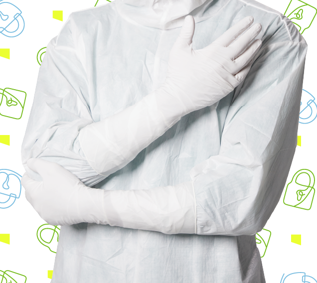 person wearing cleanroom gloves on a decorative background