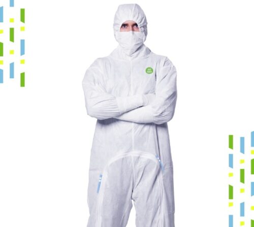 sterile cleanroom coverall with hood with integrated facemask, cleanroom garment