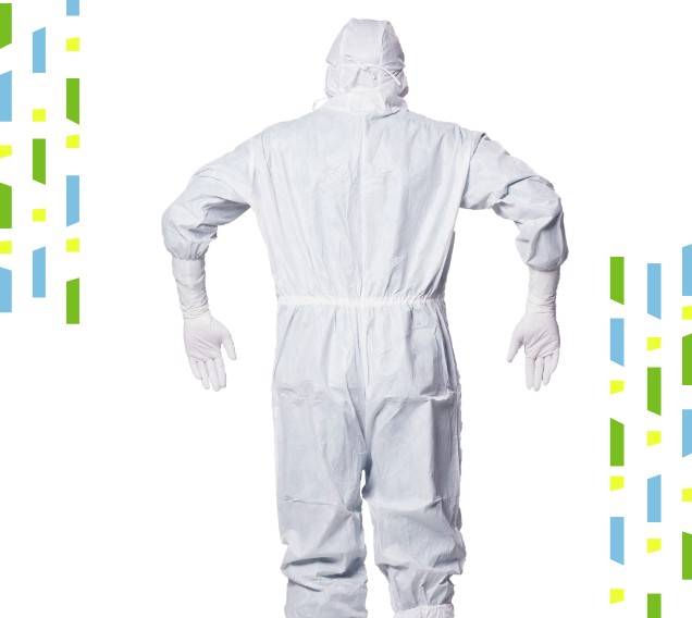 sterile cleanroom coverall with hood with integrated facemask, cleanroom garment