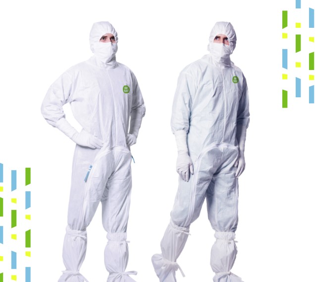 sterile cleanroom coverall with hood with integrated facemask, cleanroom garment
